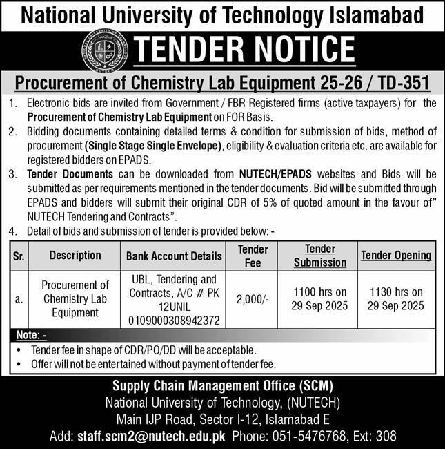 National University of Technology Islamabad Tender Notice